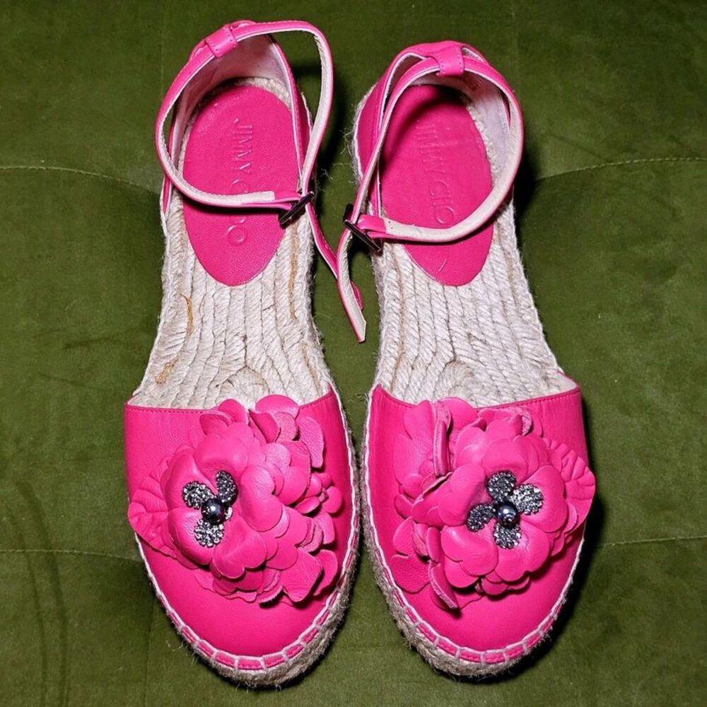 Jimmy Choo Pink Leather Floral Espadrille Flats Size 36.5 (US 6) *damages*